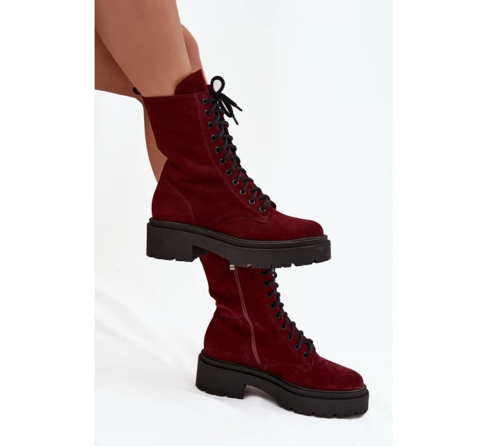 Botki Workery Damskie Z Naturalnego Zamsz Ocieplane Zazoo 4213 Bordowe