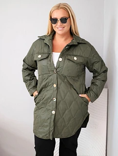 Dámska prešívaná bunda vo veľkosti Plus Size s golierom a vreckami v khaki farbe