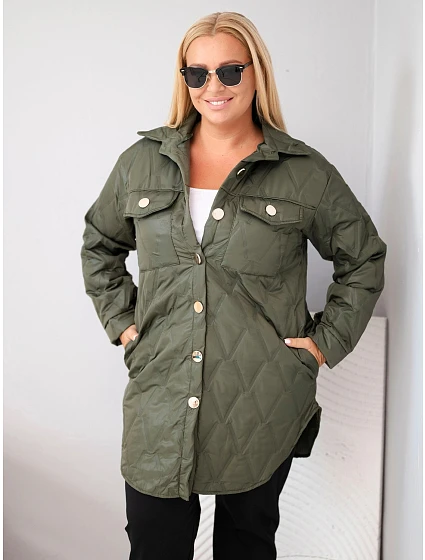 Dámska prešívaná bunda vo veľkosti Plus Size s golierom a vreckami v khaki farbe