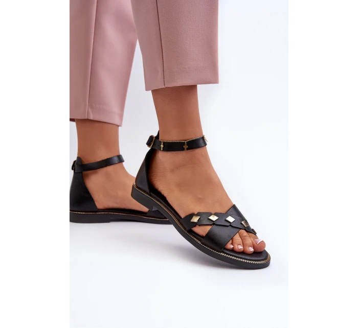 model 21657362 Ploché Dámské Kožené Sandály Černé - Zazoo