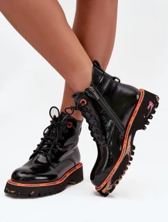 Botki Damskie Z Lakierowanej Skóry Naturalnej Ocieplane Artiker 57C0061 Czarne