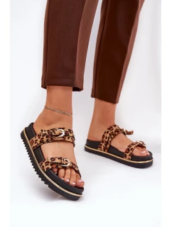 Klapki Damskie w Panterkę Na Platformie Z Paskami I Klamrami Brązowe Ziferte