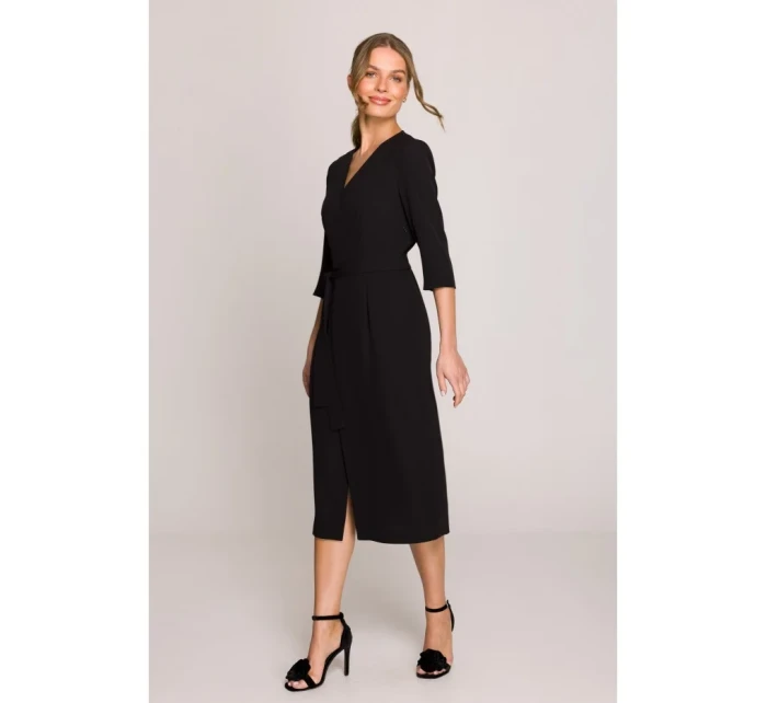 S396 Šaty v strednej dĺžke so zavinovacími detailmi - čierne