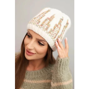 Dámska zimná pletená čiapka s ozdobným vzorom K454 ecru + zelená