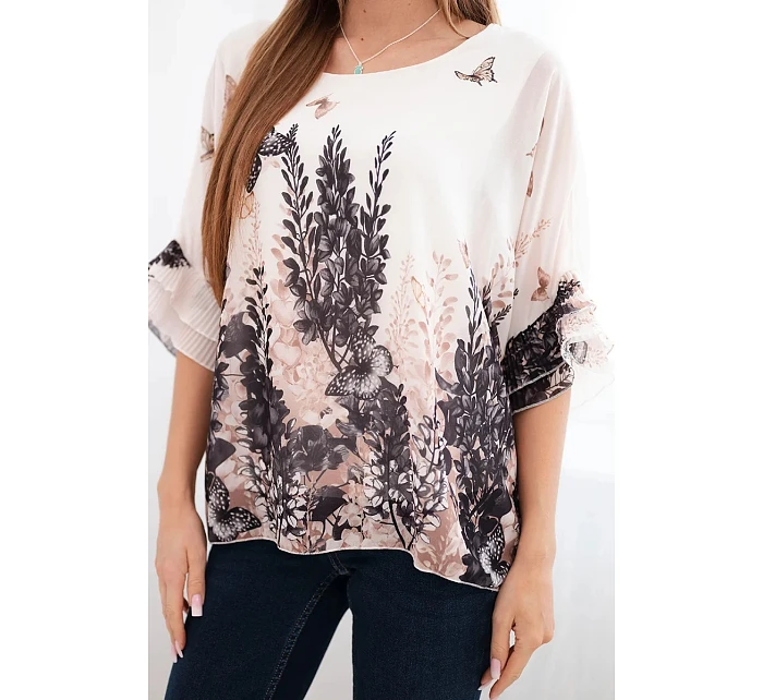 Dámska blúzka s plisovanými rukávmi a potlačou čierna