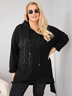 Dámska bavlnená mikina Plus Size s kapucňou a pleteným pruhom, čierna
