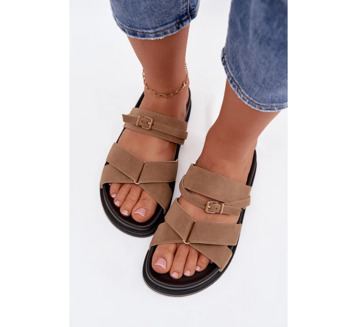 Dámské pantofle s pásky a zlatým přezkou tmavě béžové Selorina