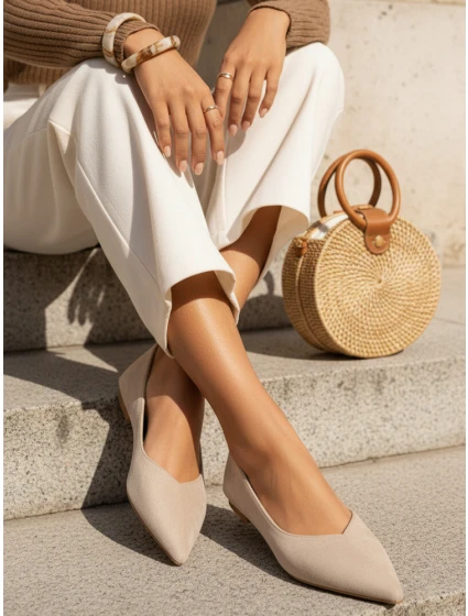 Dámske semišové baleríny so špicatou špičkou béžovej farby FashionStreet ZY1426