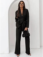 Elegantní dámský kostým s opaskem a širokými kalhotami, černý, AY1243 Elegantní dámský kostým s opaskem a širokými kalhotami, černý, AY1243