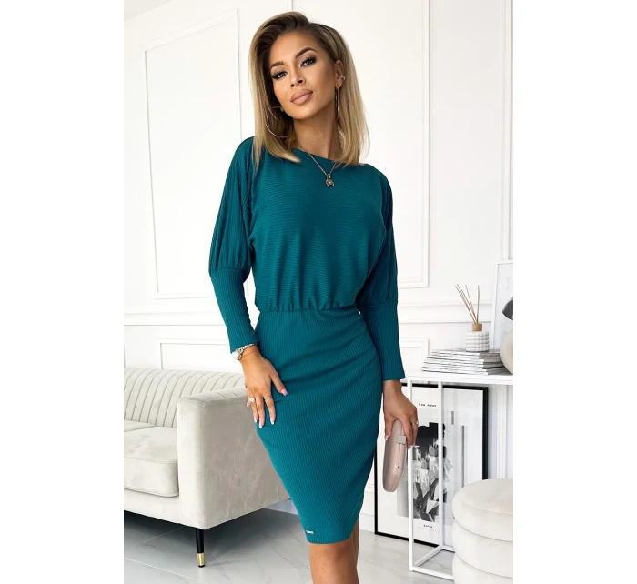 LARA Dámské žebrované šaty v mořské barvě se stahovacími lemy na rukávech model 17913674 - numoco