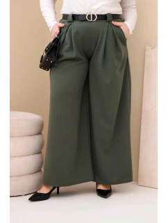 Plus veľkosť dámske široké nohavice z viskózy s opaskom Khaki