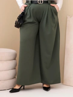 Plus veľkosť dámske široké nohavice z viskózy s opaskom Khaki