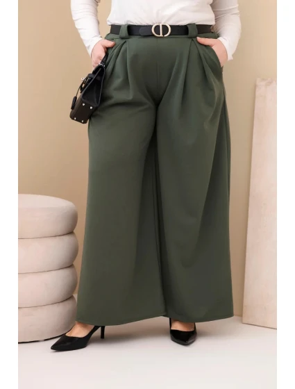 Plus veľkosť dámske široké nohavice z viskózy s opaskom Khaki