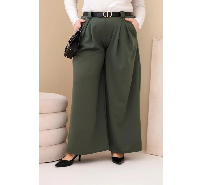 Plus veľkosť dámske široké nohavice z viskózy s opaskom Khaki