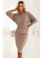 399-4 LARA Pruhované šaty s rebrovanými manžetami - moka pena