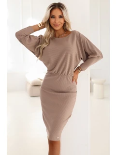 399-4 LARA Pruhované šaty s rebrovanými manžetami - moka mousse