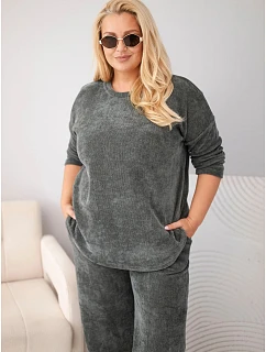 Dámský komplet Plus Size z viskózy manšestrový se širokými kalhotami a mikinou khaki