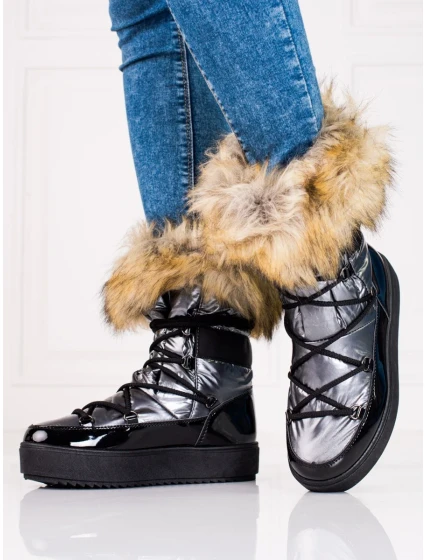 Praktické sivo-strieborné snežnice bez podpätku pre ženy Praktické sivo-strieborné snežnice bez podpätku pre ženy