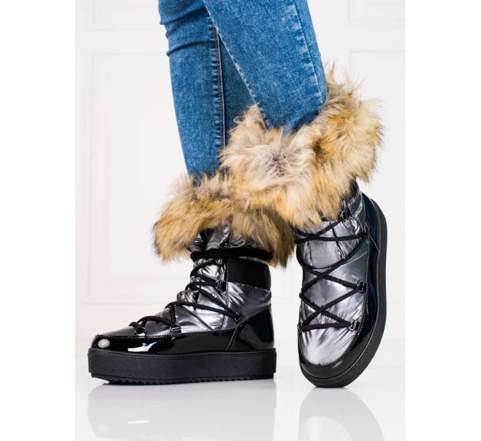 Praktické sivo-strieborné snežnice bez podpätku pre ženy Praktické sivo-strieborné snežnice bez podpätku pre ženy