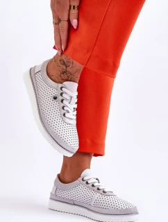 Modne Skórzane Ażurowe Buty Sportowe Biało-Srebrne Cantare