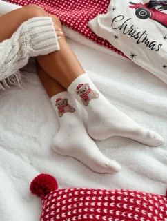 Dámske vianočné ponožky s medveďom v čiapke Santa Clausa - ecru