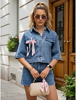 Dámska džínsová košeľová bunda so šatkou modrá FashionStreet TY5693 Dámska džínsová košeľová bunda so šatkou modrá FashionStreet TY5693