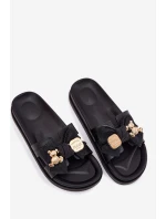 Klapki Damskie Z Kokardą I Złotą Broszką Czarne Lynara Klapki Damskie Z Kokardą I Złotą Broszką Czarne Lynara