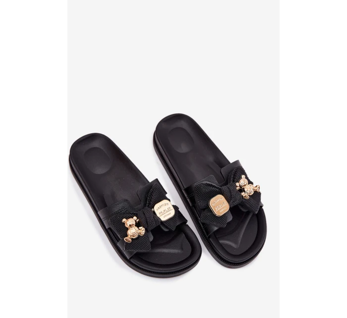 Klapki Damskie Z Kokardą I Złotą Broszką Czarne Lynara Klapki Damskie Z Kokardą I Złotą Broszką Czarne Lynara