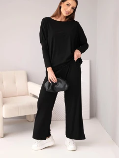 Dámsky viskózový set s voľnou blúzkou a nohavicami čierny