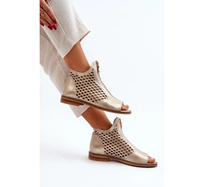 Zazoo 977/L Skórzane Ażurowe Sandały Na Zamek Złote