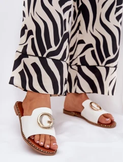 Eko Skórzane Płaskie Klapki Damskie Z Ozdobnym Detalem Białe Frelie