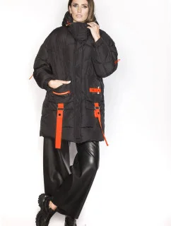 Čierna dámska páperová bunda s ozdobnými pásmi (AG2-J85)