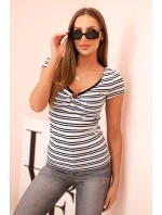 Dámská bavlněná žebrovaná halenka s výstřihem a ozdobným model 22014275 tmavě modrá - K-Fashion