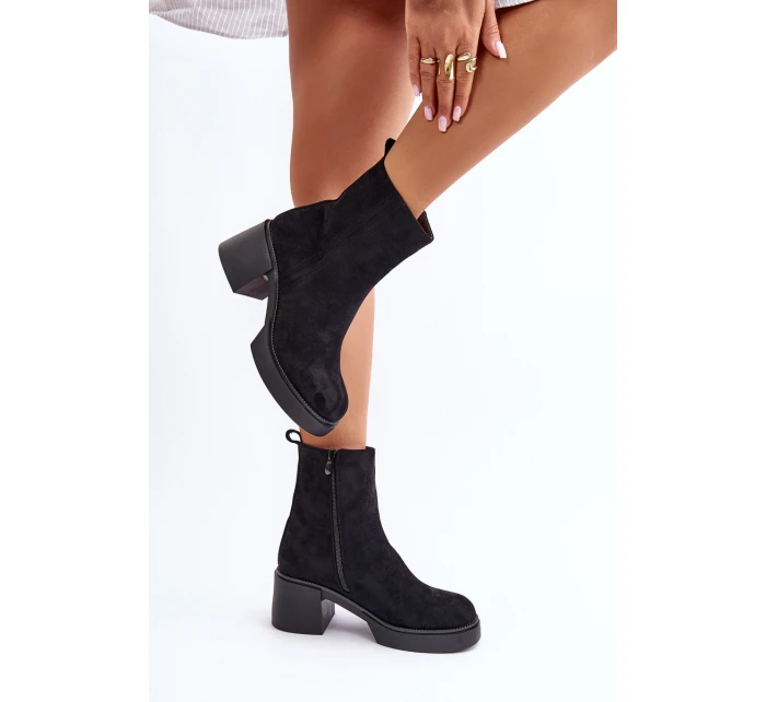 Eko Zamszowe Damskie Botki Na Słupku Ocieplane Czarne Meriluna