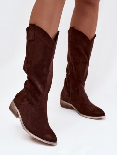 Kozaki Kovbojky Na Nízkém Podpatku Z Eko Semiše Čokoládové Cherrie