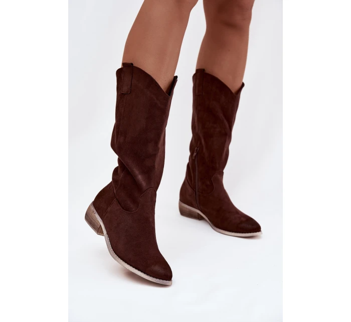 Kozaki Kovbojky Na Nízkém Podpatku Z Eko Semiše Čokoládové Cherrie Kozaki Kovbojky Na Nízkém Podpatku Z Eko Semiše Čokoládové Cherrie