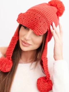 Dámska zimná čiapka s vlnou, kšiltom a bambuľkami K475 červená