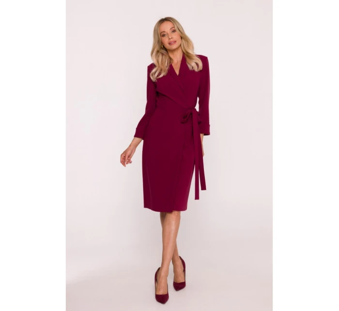 S415 Košeľové šaty viazané v páse - bordové