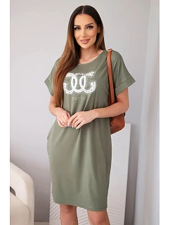 Dámské viskózové šaty s krátkým rukávem a ozdobným potiskem khaki