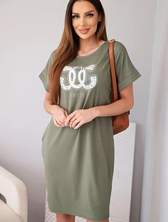 Dámske viskózové šaty s krátkymi rukávmi a ozdobnou potlačou khaki