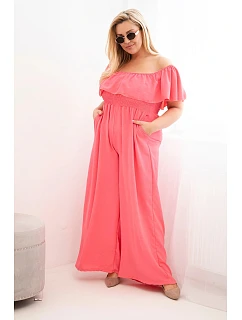 Dámský overal Plus Size s volánem a krátkým rukávem růžový