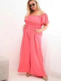 Dámske Plus veľkosť kombinéza s volánom a krátkymi rukávmi ružová