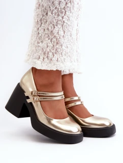 Eko Skórzane Czółenka Na Masywnym Obcasie Złote Halmina