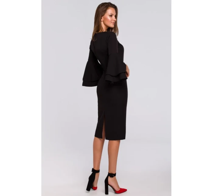 K002 Plášťové šaty s volánikovými rukávmi - čierne