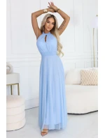 Elegantní maxi večerní šaty na ramínka s a zavazováním v pase modré model 22004204 - numoco basic Elegantní maxi večerní šaty na ramínka s a zavazováním v pase modré model 22004204 - numoco basic