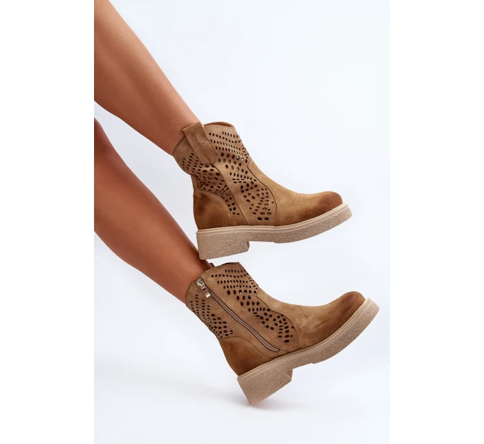 Zazoo 3470 Zamszowe Botki Damskie Na Płaskim Obcasie Ażurowe Beżowe