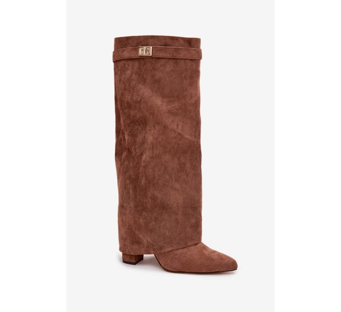 Kozačky Eko semišové podpatek sloupek na zip vyhřívané vytočená lýtka tmavě béžové Evyra Kozačky Eko semišové podpatek sloupek na zip vyhřívané vytočená lýtka tmavě béžové Evyra