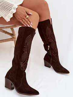 Semišové Kožené Kozačky Na Podpatku  Čokoládové model 22031643 - Zazoo