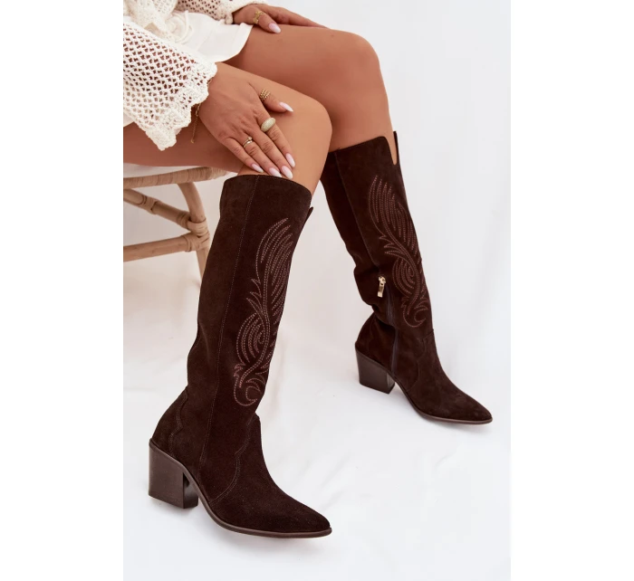 Semišové Kožené Kozačky Kovářky Na Podpatku Zazoo 3152 Čokoládové