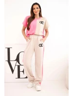 Dámský máslový komplet s oversize mikinou a širokými kalhotami růžová + béžová